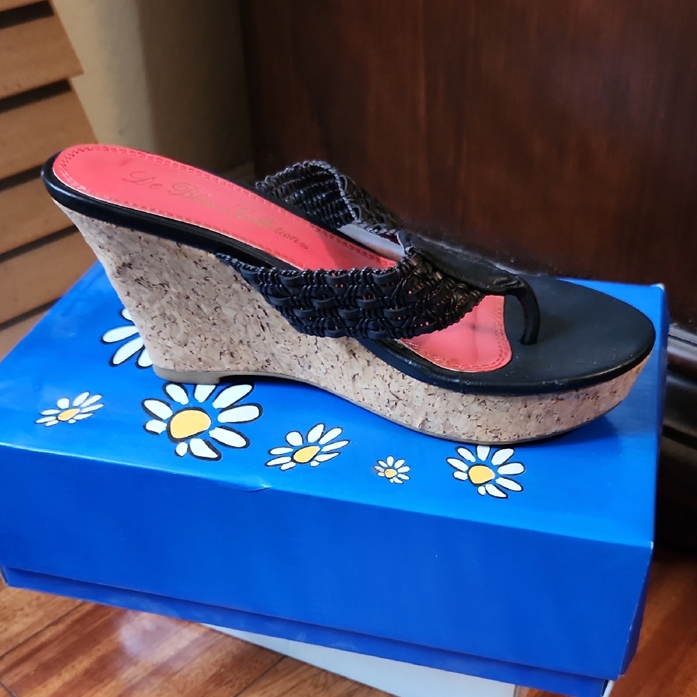 De Blossom Collection Black Wedge Sandals with Cork Heel